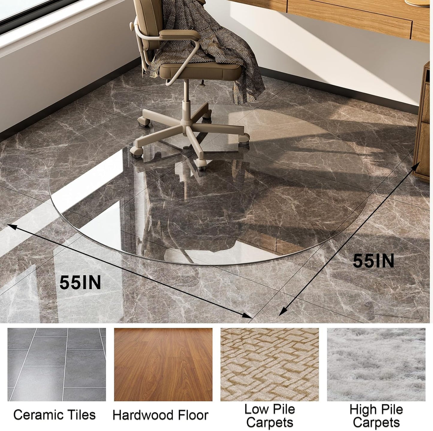 GLSLAND Round Tempered Glass Floor Mat - 55" Office Chair Mat for Carpet Clear Glass Mat 1/5" Thick for Hardwood Floor/Carpeted Floors