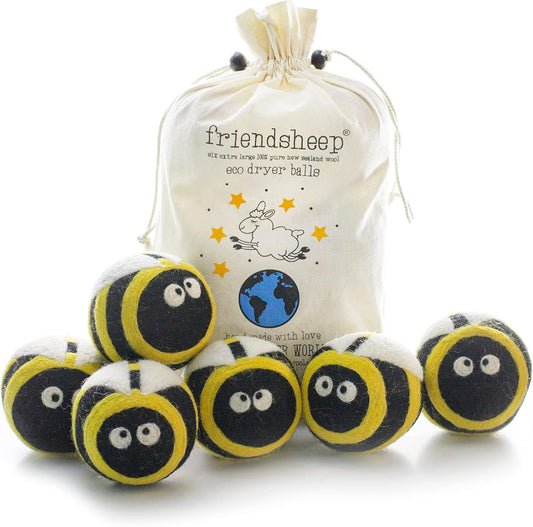 Friendsheep Wool Dryer Balls 6 Pack XL Organic Premium Reusable Cruelty Free Handmade Fair Trade No Lint Fabric Softener Honey Bee Bumblebee - Busy Bees