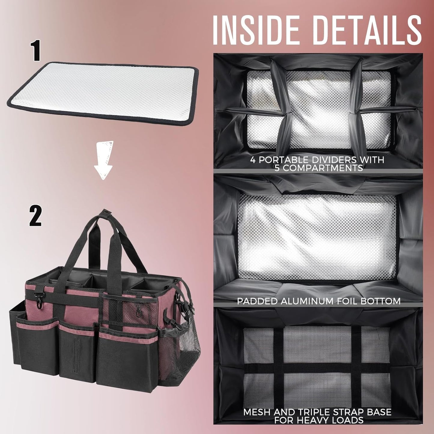 Wearable Cleaning Caddy, Cleaning Caddy Supplies Organizer with Handle & Shoulder Straps for Housekeepers, Under Sink & Car Cleaning Tool Organizers Bag with 4 Foldable Divider (LotusPink)
