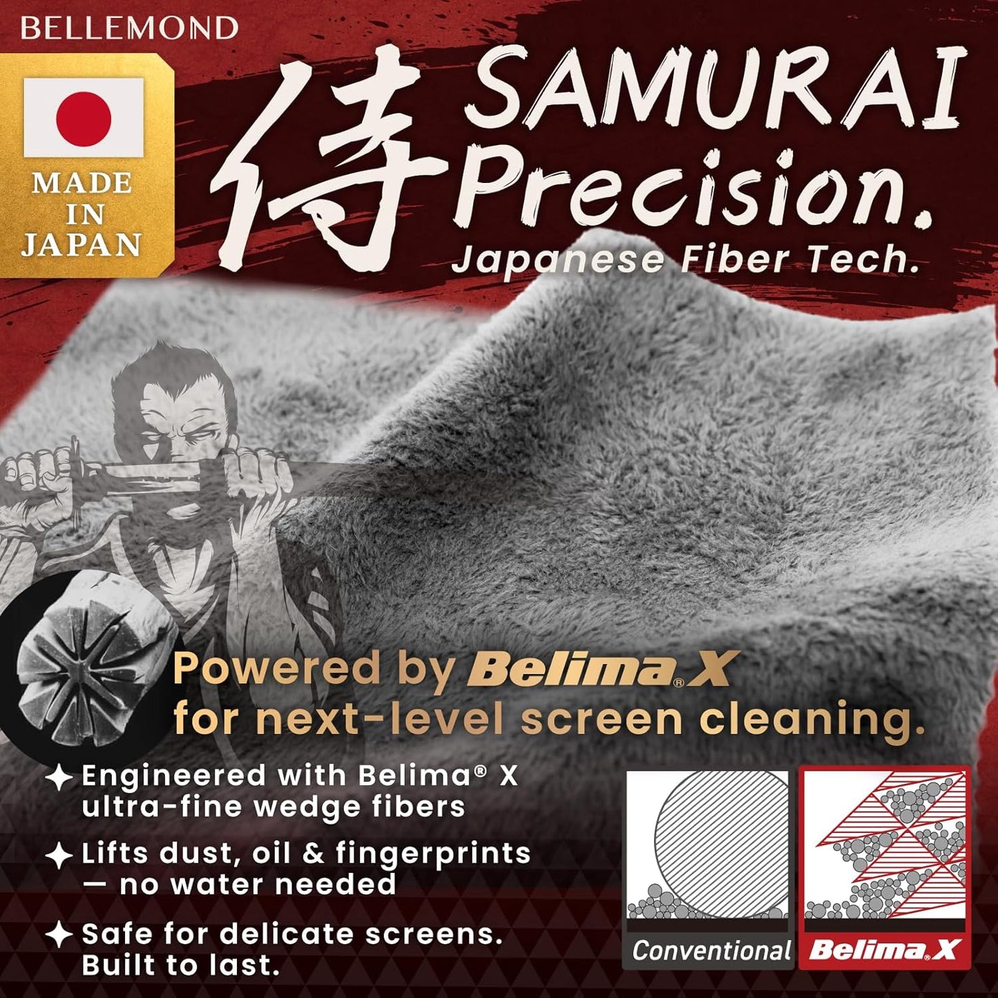 BELLEMOND「Samurai Cloth」Japanese Microfiber Cleaning Cloth | Washable, Reusable, Lint Free Cloth for Phones, Laptops, Lenses, Screens & Electronics | Made in Japan | Medium | 2 Pack