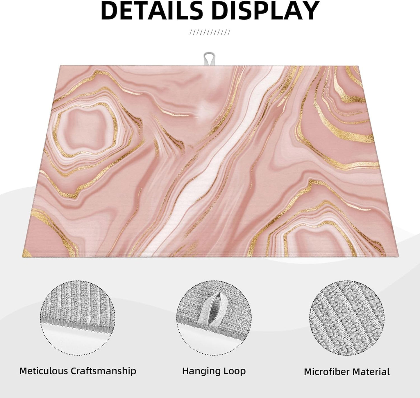 Pink Golden Dish Drying Mat for Kitchen Counter Absorbent Reversible Rose Pink Modern Drying Pad Dark Kitchen Decor Marble Dish Drainer Rack Mats 18"x24"