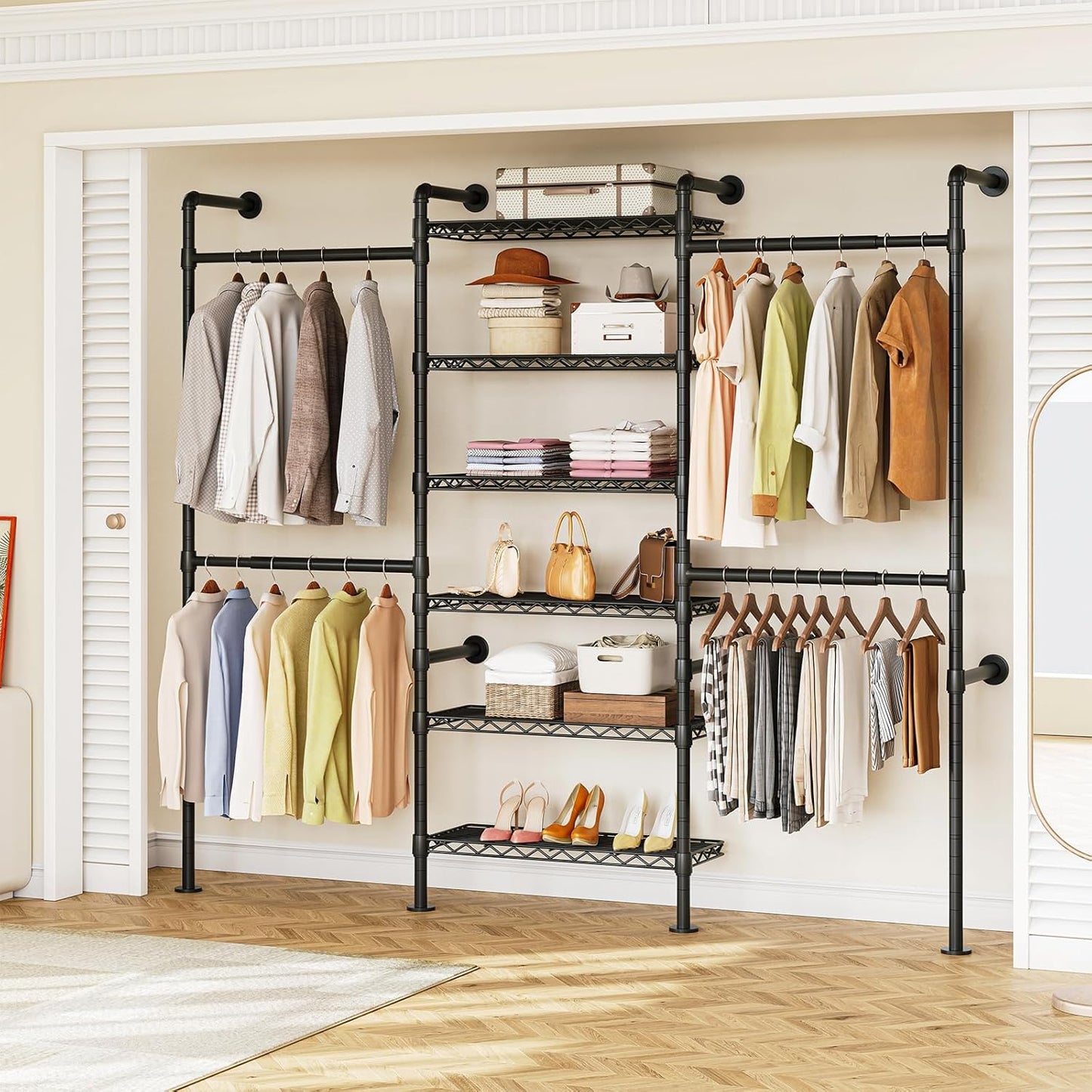 ONBRILL H3 Wall Mounted Closet System, Expandable Industrial Pipe Clothes Rack Clothing Rack for Hanging Clothes, Heavy Duty Closet Organizers and Storage in Wardrobe Closet, Black