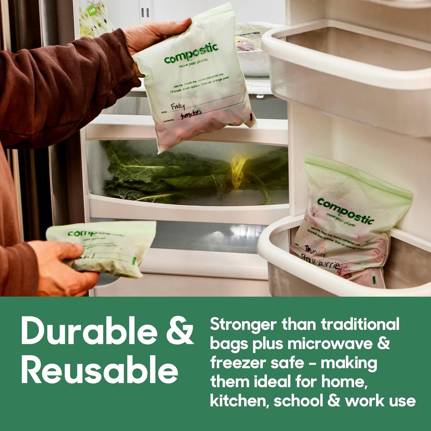 Compostic Home Compostable Resealable Snack Bags (6"x 3.5"), Microwave & Freezer Safe, Organic Food Storage Container, 30 Count (Pack of 2)
