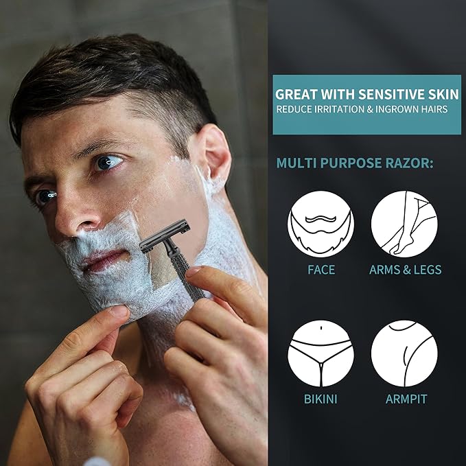 Gearhub Butterfly Double Edge Safety Razor Reusable Stainless Metal Wet Shaving Razor with 10 Swedish Platinum Blades for Men Women Barber Bikini Armpit Hair, Matte Gunmetal Black GR179