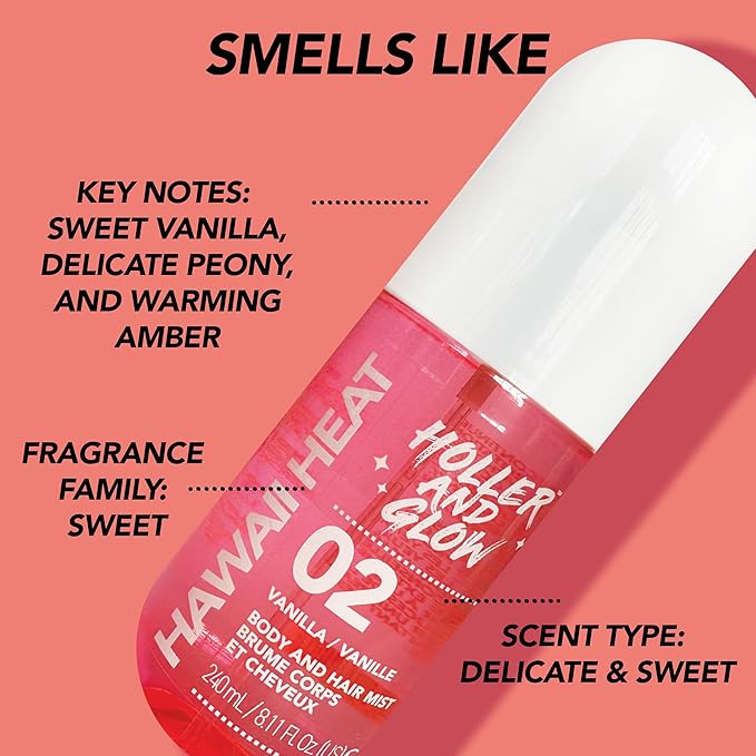 Holler & Glow Hawaii Heat Body & Hair Mist, Warm Vanilla, Peony & Amber Scent, Long-Lasting Daily Fragrance, Lightweight, Vegan, Cruelty-Free, Alcohol-Free, Hydrating Hair Perfume, 8.11 Fl Oz