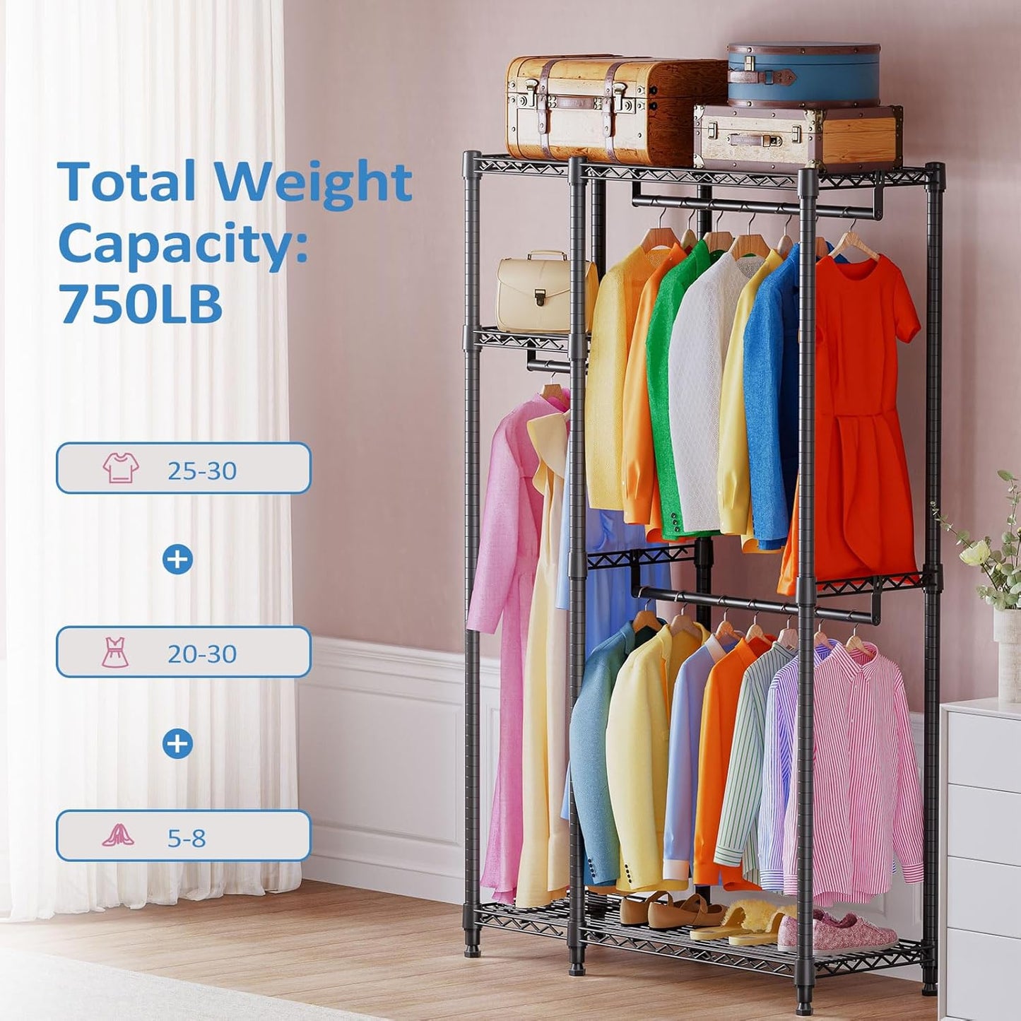 IZEUK 2 Combination Heavy Duty Garment Rack Wire Clothes Rack for Hanging Clothes, Metal Freestanding Closet Wardrobe Rack with 3 Rods Black 15.7" D x 43.3" W x 76.5" H