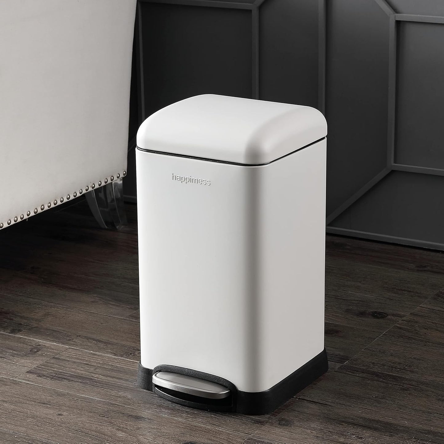 Happimess HPM1012C Betty Retro Mini 3.2-Gallon Step-Open Trash Can, Modern, Minimalistic, Fingerprint-Proof, Rustproof, Soft Close, Bedroom, Bathroom, Kitchen, Laundry Room, Office, 3.2 Gallons, White