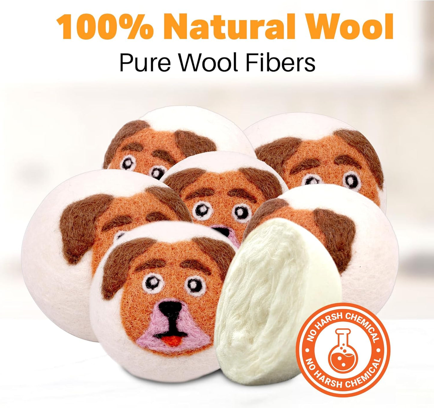 Wool Dryer Balls Organic Felt 6 Pack Laundry Fabric Softener, Extra Large Reusable Handmade Natural Sheep Wool Lint Wrinkle Free Anti Static Baby Safe (Orange Dog)