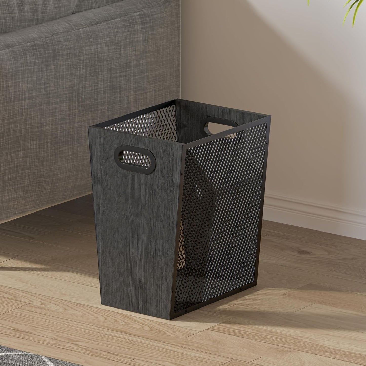Piskyet Black Office Trash Can for Near Desk, 4.5 Gallon Unique Wood Bedroom Garbage Can,Vintage Wastebasket with Handle, Decorative Trash Can for Home Office,10.8" L x 7.8" W x 11.8" H
