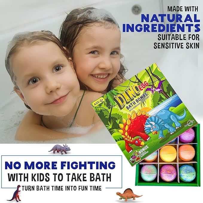Bath Bombs for Kids with Surprise Toys Inside Plus Dinosaur Puzzle - Set of 9 Organic Dino Egg Bath Bombs, Gentle and Kids Safe, Fizzy Balls with Rich Bubbles, Birthday Gifts for Boys, Girls