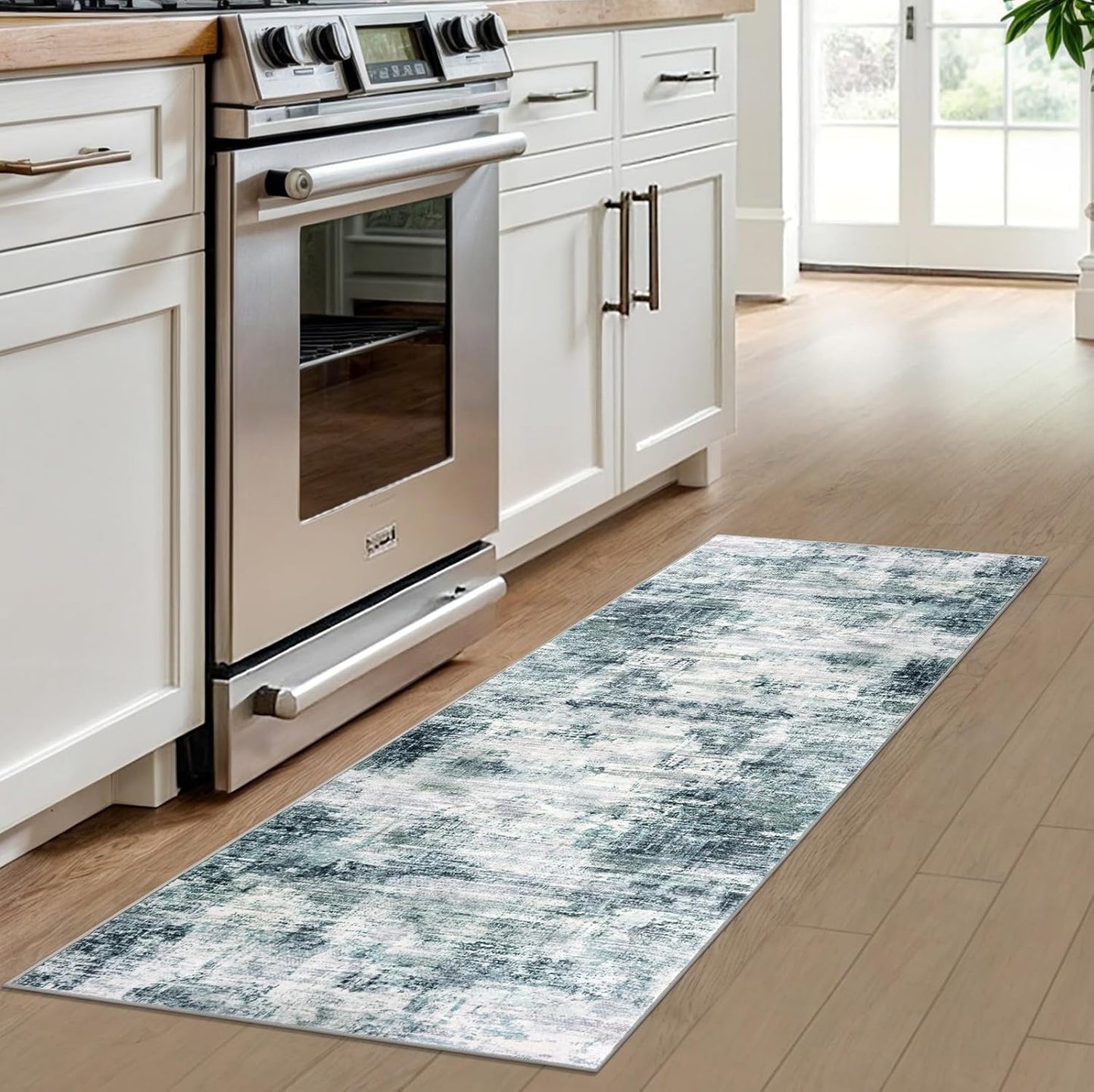 IOHOUZE Abstract Runner Rug 2x6 Ft Washable Runners for Hallways, Non Slip Kitchen Runner Printed Faux Wool Entryway Runner Indoor, Modern Abstract Floor Carpet for Hall Kitchen Bedroom, Sage Grey