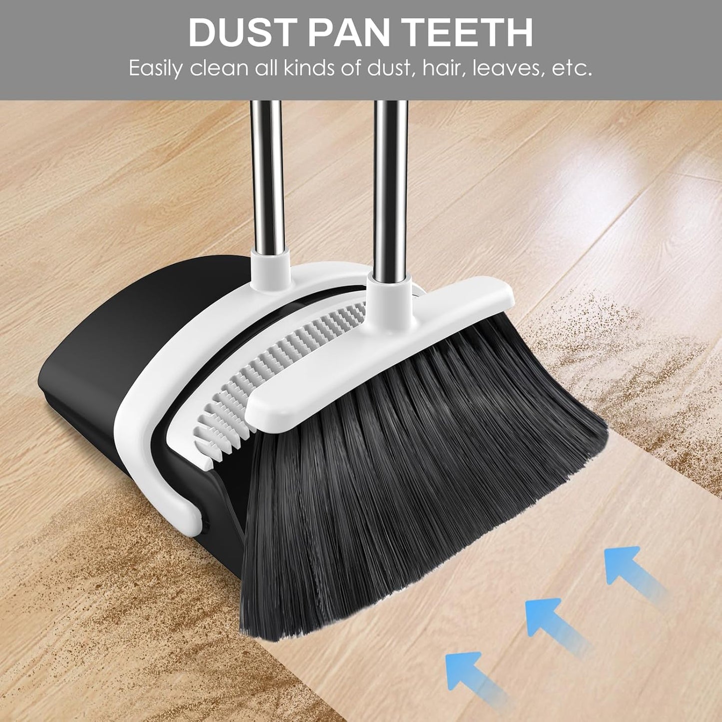 Broom and Dustpan Set for Home, 51-in Long Adjustable Handle Angle Broom and Dustpan Combo Set with Dust Pan Teeth to Clean Hair for Home Kitchen Office Lobby Floor Garden (Black&White)