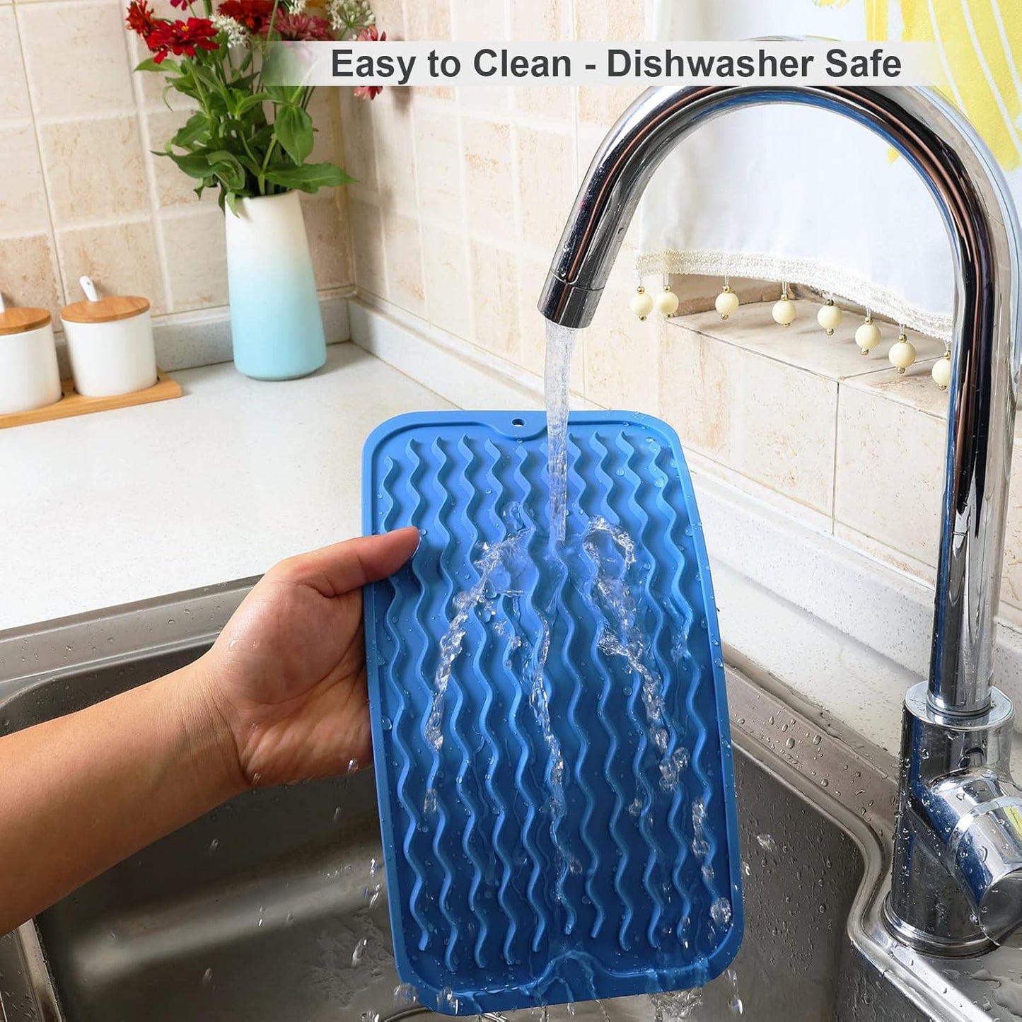 ZLR Silicone Dish Drying Mat for Kitchen Counter, Eco-Friendly Fast Dry Dish Mat, Easy Clean Multi Usage Drying Matt, Heat Resistant Trivet, 6" x 12" Extra Small, Lichen Blue