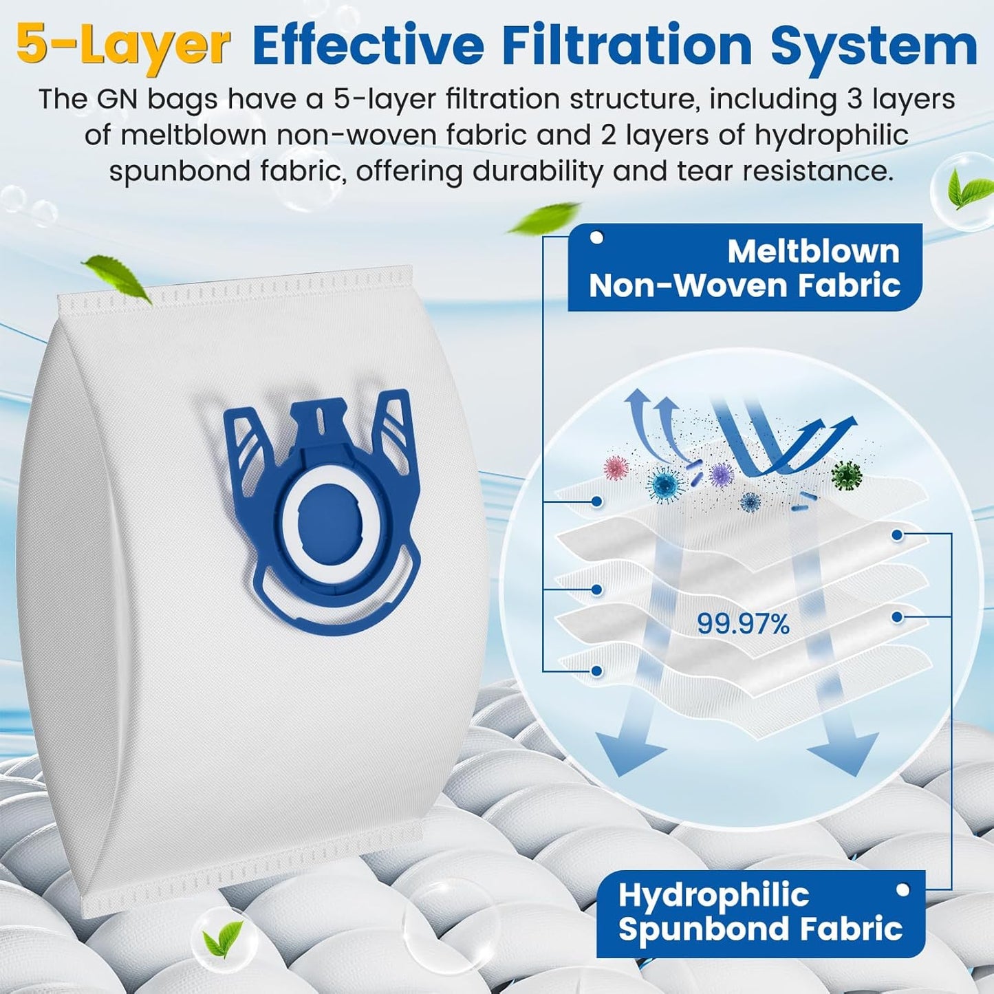 12 Pack 3D Airclean GN Vacuum Bags Compatible with Miele Classic C1, Complete C1, Complete C2, Complete C3, S227 S240, S270, S400, S2, S5, S8 Series Canister Vacuum Cleaner