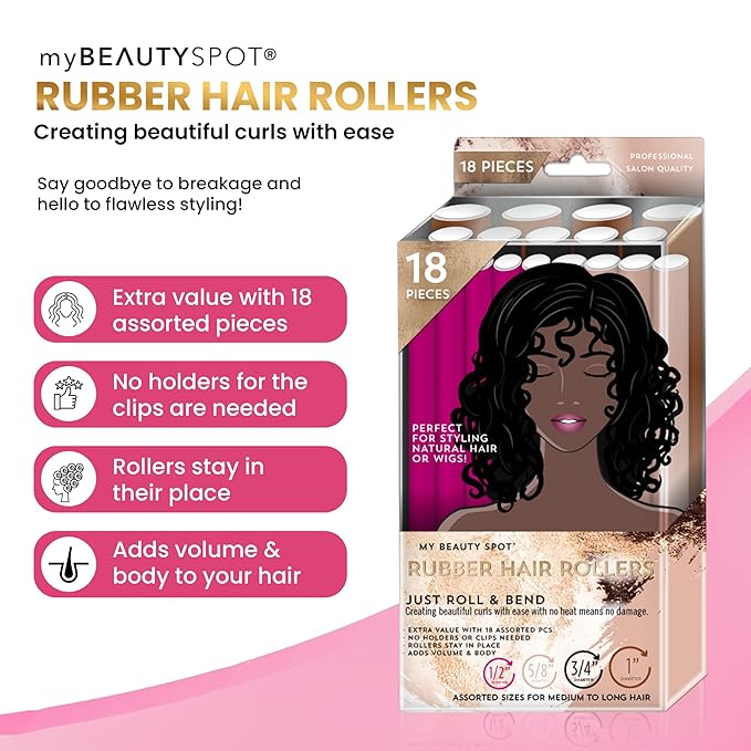 My Beauty Spot Flexi Rods Foam Hair Rollers -1/2" 5/8" 3/4" 1" Diameter- Professional Salon Quality 18 Pcs Rubber Hair Rollers for Long, Medium, and Short Hair, Hair Curlers to Sleep in for Women