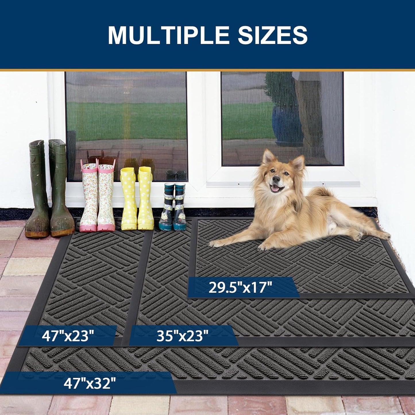 Smiry Front Door Mat Outside Entrance, Heavy Duty Outdoor Indoor Natural Rubber Doormat, Non Slip, Trap Dirt and Moisture, Easy Clean, Low Profile Patio Porch Entryway Mat, 59x20, Grey