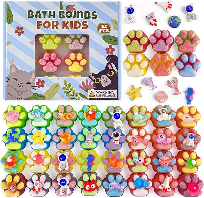 Bath Bombs for Kids with Surprise Inside, 32 Pack Paw Bath Bombs with Toy, Ocean Animals and Space Planet Toys SPA Fizzy Handmade Natural Bath Bomb Gift Set at Christmas, Birthday