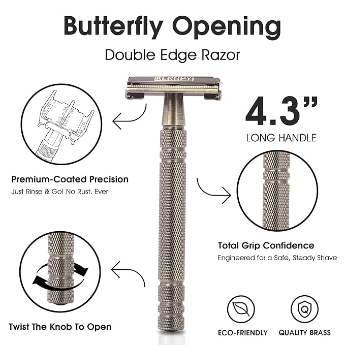 Premium Brass Double Edge Safety Razor - Anti-Rusted Mens Butterfly Razor with 10 Blades - Heavy Brass Construction, Beginner Friendly Wet Shaving Single Blade Razor Kit - Bronze