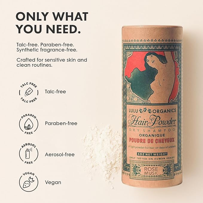 Non-aerosol Dry Shampoo Powder for Dark, Blonde and Oily Hair, All Natural Shampoo Body Powder for Women and Men, Paraben & Talc free No White Cast Synthetic Fragrance, Rose Musk - 4oz