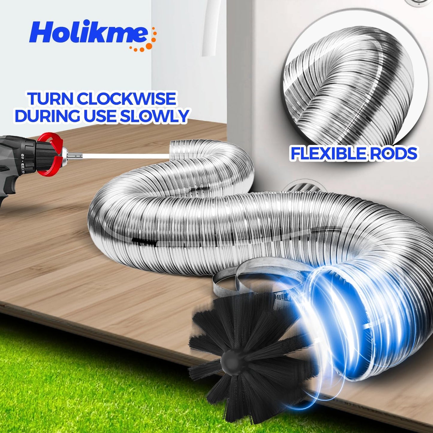 Holikme 16 Feet Dryer Vent Cleaner Kit, Lint Remover,Fireplace Chimney Brushes, Extends Up to 16 Feet, Synthetic Brush Head, Use with or Without a Power Drill