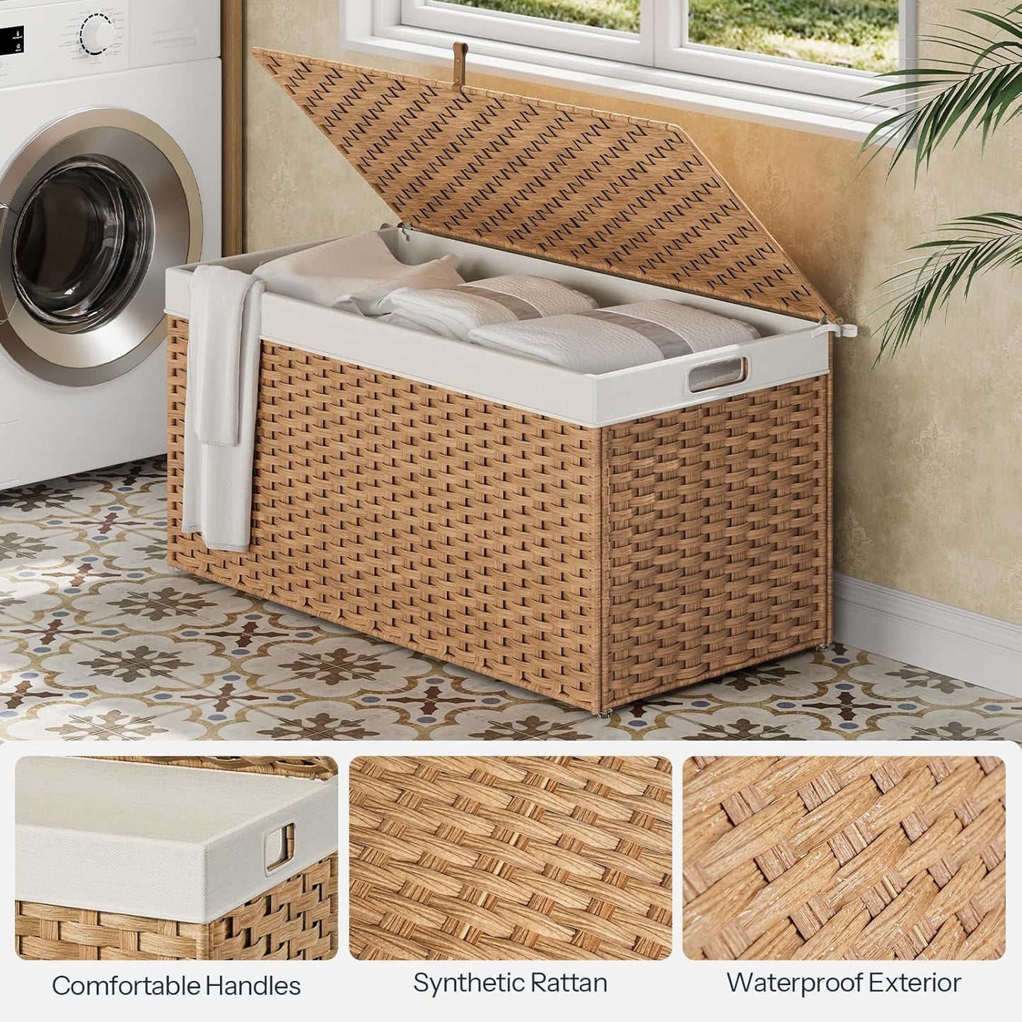 HOOBRO Storage Basket with Lid, 52.8 Gallon (200L) Wicker Basket, Handwoven Blanket Storage Basket with Handles, Metal Frame and Soft Lining, Foldable for Bedroom, Laundry Room, Natural NL220CW01