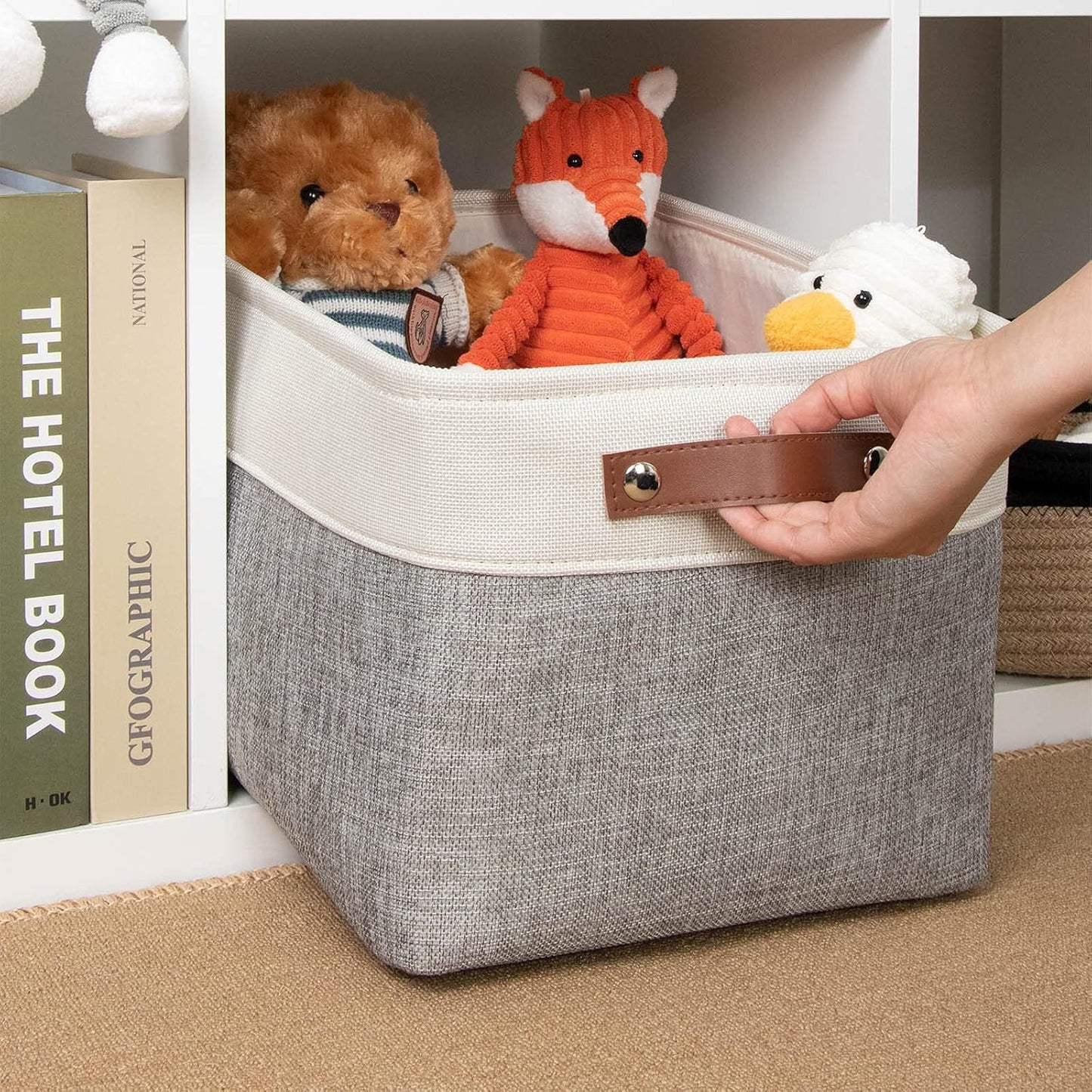 DULLEMELO Collapsible Rectangle Storage Basket for Shelves/Closets - Organize Clothes, Toys, Towels, Books, Laundry, Nursery, Dog Toys - Empty (White & Gray)