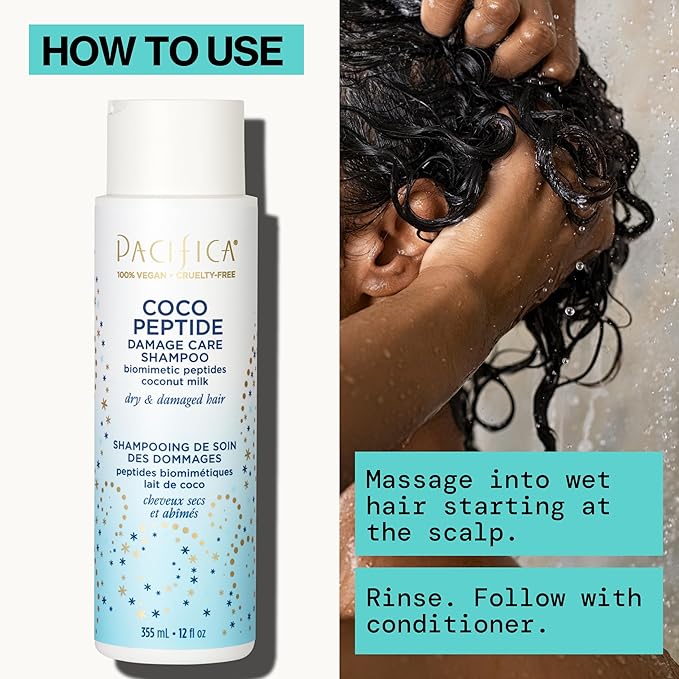 Pacifica Coco Peptide Damage Care Shampoo – Repairing Sulfate-Free Shampoo for Damaged Hair, Split Ends & Breakage, w/Collagen & Peptides Silicone-Free Clean Vegan & Cruelty-Free Dermatologist Tested
