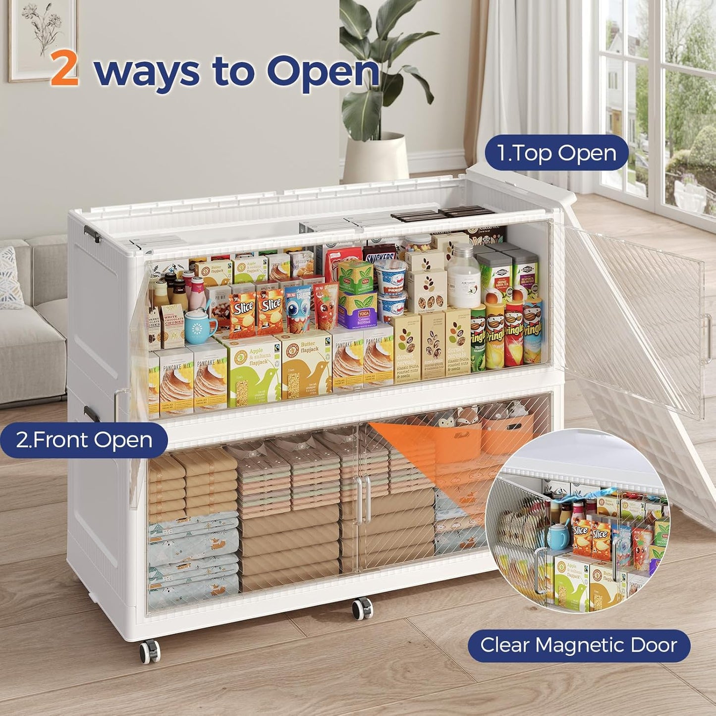 150GAL Extra Large Storage Bins with Lid, 600QT Collapsible Organizer with Wheels, Stackable Closet Cabinet with Doors, Folding Storage Containers for Home, Office, Dorm, 3Pack White