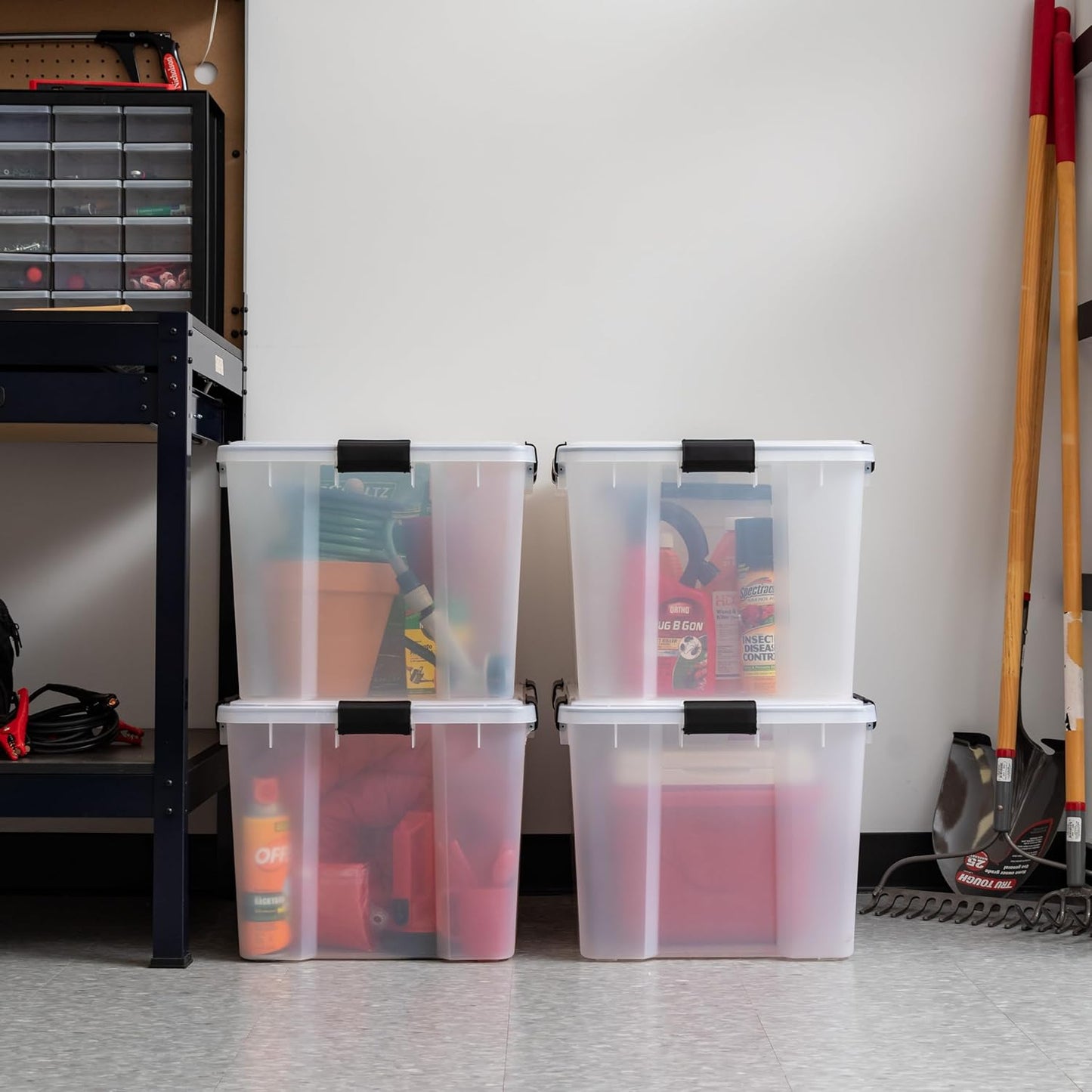 IRIS USA 4-Pack WeatherPro 74 Qt Clear Plastic Gasket Boxes with Latching Lids – Weathertight Heavy Duty Stackable Storage Containers for Clothes, Food, Tools or Camping Gear