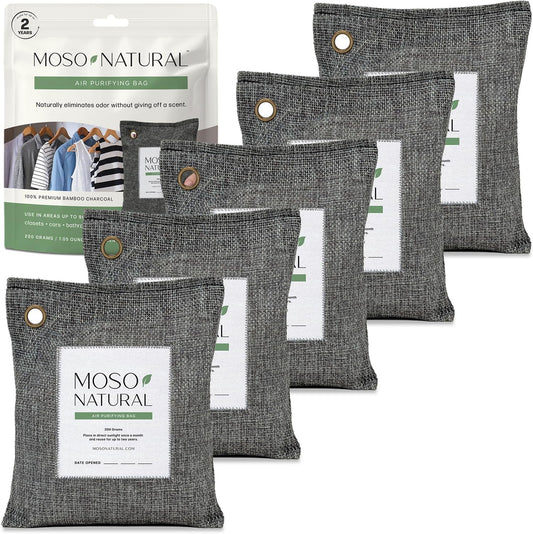 Moso Natural Air Purifying Bag 200g (5 Pack) Bamboo Charcoal Odor Absorber for Home & Car | Closet Odor Eliminator, Small Room Deodorizer & Car Air Freshener | Long Lasting Charcoal Bags Cover 90sqft