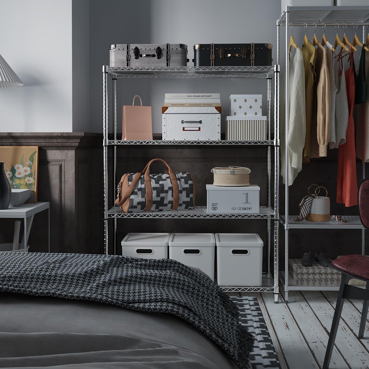 IZEUK 4-Tier Adjustable Heavy Duty Metal Wire Shelving Unit, Wide Storage Rack Organizer for Garage, Kitchen, Office, Dorm, Warehouse (Silver, 15.8" D x 45.8" W x 59.4" H, 1400 lbs Capacity)