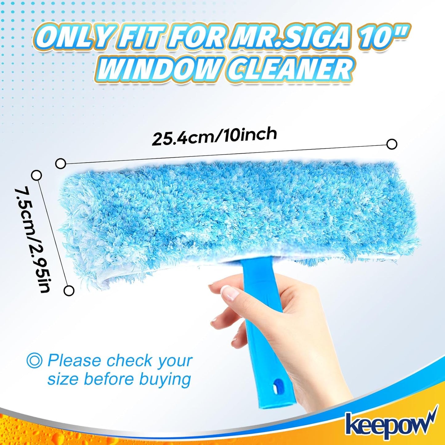 KEEPOW 10" Microfiber Window Scrubber Refill Replacement Compatible with MR.SIGA, Compatible with Ettore Professional Cleaning, Reusable & Washable Window Squeegee for Window Cleaning (3 Pack)