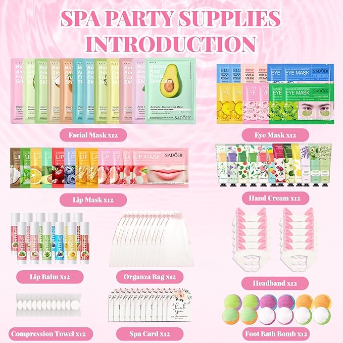 120 PCS Spa Party Supplies for Girls, Sleepover Party Supplies for Girls, Skincare Set, Include Face & Lip Masks, Foot Bath Bombs, Hand Cream, Lip Balm, Under Eye Patches, Spa Birthday Party Favors
