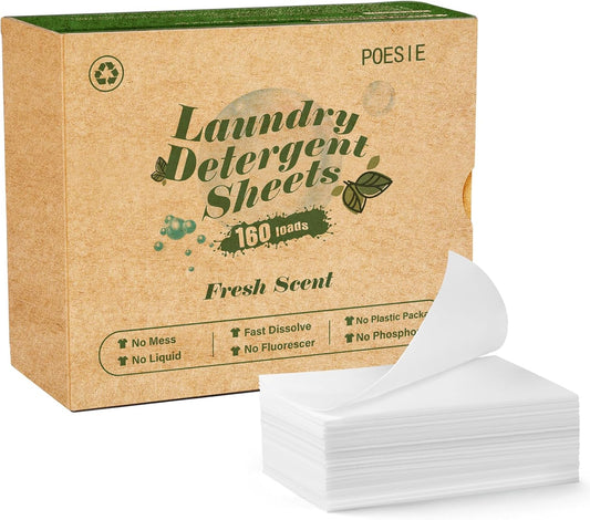 Poesie Laundry Detergent Sheets Fresh Scent 160 Count Clear Non-Plastic Hypoallergenic Liquid Less Sheets for Home Dorm Travel Camping & Hand Washing Clean No Waste