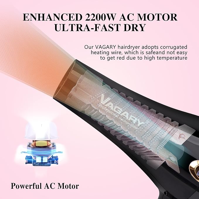 VAGARY Professional Salon 2200W Blower Dryer with Diffuser Concentrator Nozzles,Negative Ionic Blow Dryer,Low Noise Hair Dryers,2 Speeds and 2 Heat Settings 1 Cool Shot Button
