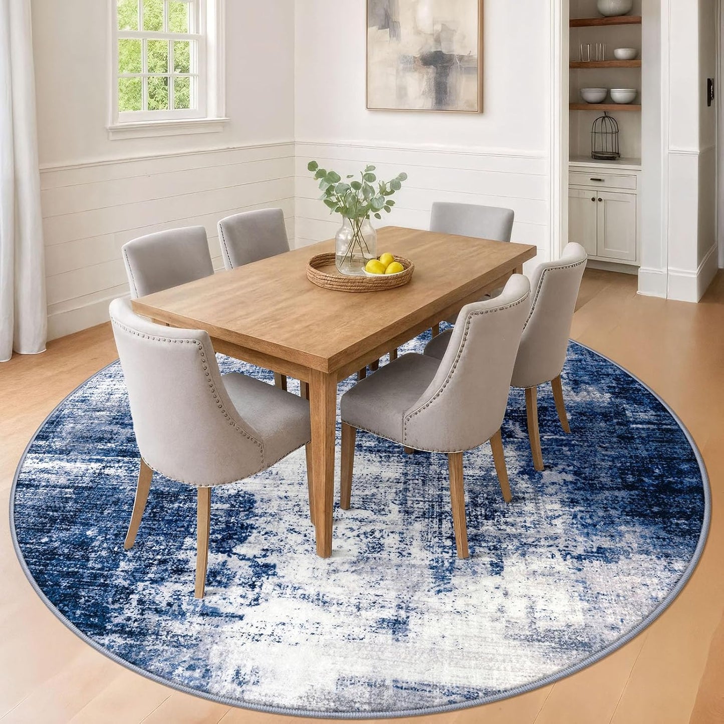 IOHOUZE Abstract Round Area Rug 8 Ft Washable Circle Rugs Large Round Rug Non Slip Thin Soft Circle Rugs, Printed Faux Wool Floor Carpet for Bedroom Living Room Dining Room Nursery, Navy/Grey