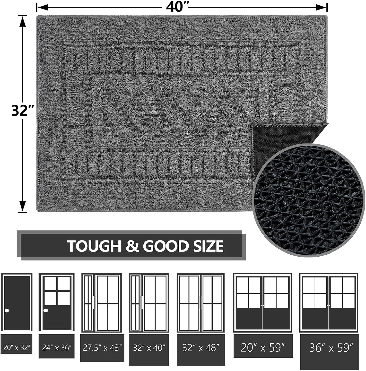 FONEYI Indoor Doormat, Front Back Door Mat Rubber Backing Non Slip Door Mats, 32"x40" Low-Profile Absorbent Resist Dirt Entryway Doormat Inside Floor Mats Entrance Washable, Entry Doormats, Grey