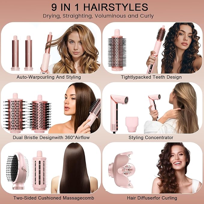 9-in-1 Negative Ionic Foldable Hot Air Blow Dryer Brush & Wrap Air Hair Styler Set, 110K RPM High Speed for Curling, Straightening, Fast Drying, Versatile Styling Tool, Holiday Gift for Women