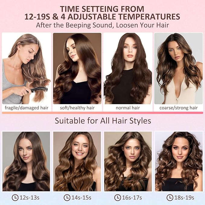 Automatic Curling Iron, Hair Curler 1" Large Slot, 4 Temperature Settings, 12s-19s Timers, Dual Voltage, Anti-Scald, Anti-Tangle, Auto Shut-Off, LCD Display, Fast Heating Easy for Use, Pink