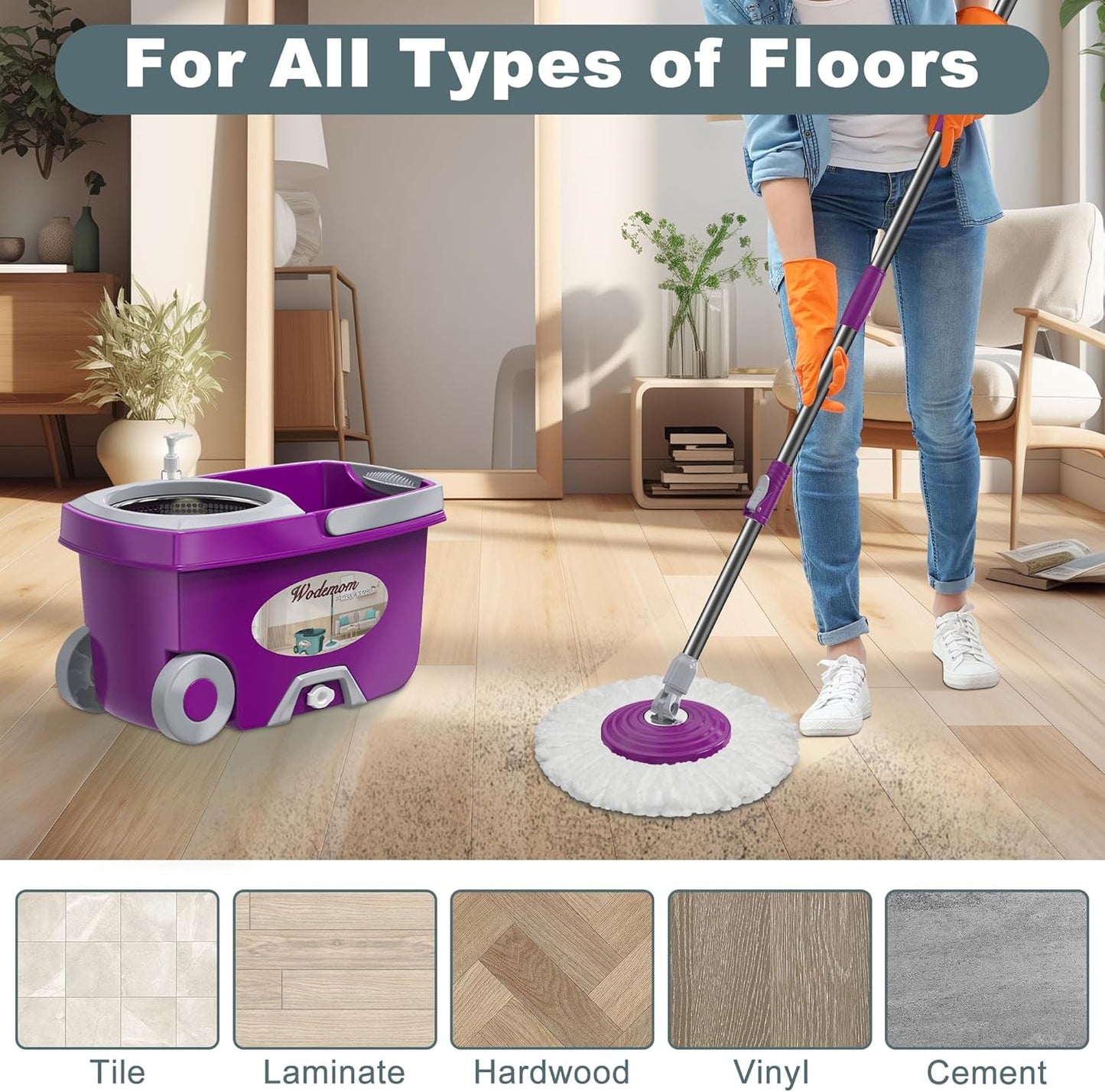 Dual Compartment Spin Mop and Bucket, Mop and Bucket with Wringer Set,360°Rotating Spinning Mopping for Floor Cleaning with 6 Microfiber Replacement Heads, 61" Extended Handle, 2X Wheel