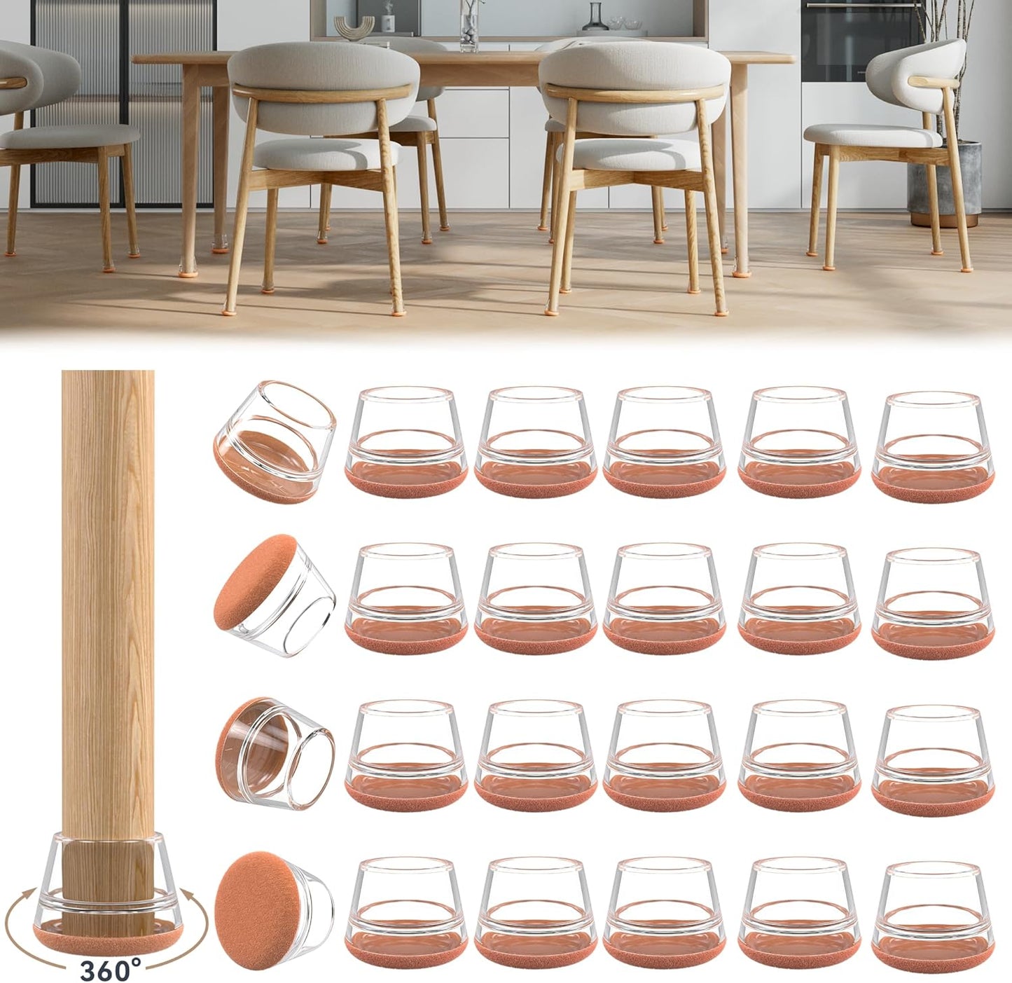 24PCS Upgraded Silicone Chair Leg Floor Protectors for Hardwood Floors, Furniture Sliders for Chair Legs, 360°Felt Pad Bottom Wrapped Thickening Furniture Pads Cap Covers to Scratch and Reduce Noise