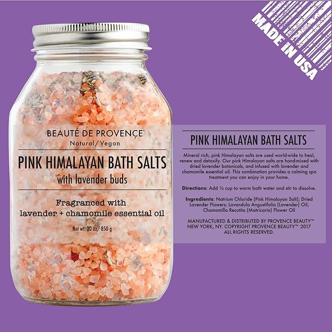Beaute DE Provence Pink Himalayan Bath Salt with Lavender - 100% Natural Aromatherapy and Relaxation - Lavender Grapefruit Essential Oil Bath Salts for Women Relaxing, Natural & Cleanse