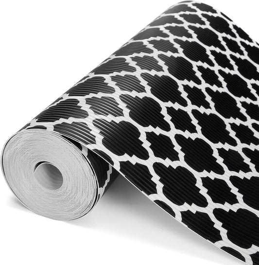 Glotoch Shelf Liners for Kitchen Cabinets 12” x 20 ft, Non Slip Drawer Liner, Waterproof Cabinet Liner for Wire/Pantry/Closet/Dresser-Non Adhesive, Heavy Duty, Quatrefoil, Black&White