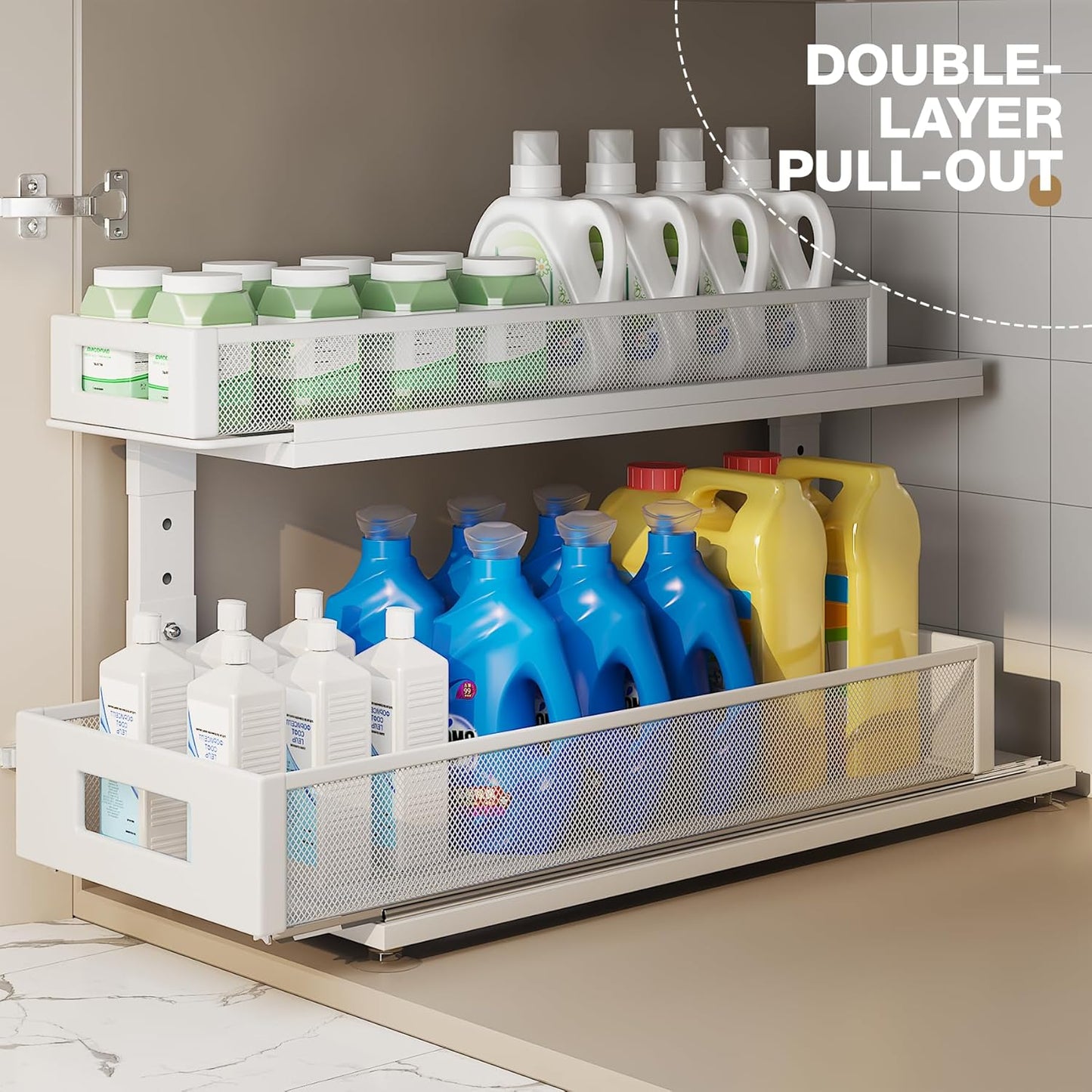 2 Pack 21.3IN-Depth Under Sink Organizer With Next-Gen Ball-Bearing Slides,2-Tier Pull Out Cabinet Storage,Height Adjustable Drawer Shelf for Bathroom,Kitchen,Laundry,Cabinet,Pantry-White