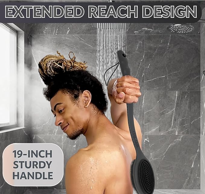 Avilana Silicone Body Scrubber – Gentle Shower Brush & Loofah Alternative- Food Grade & Lab Tested – Fast-Drying, Hygienic, BPA-Free Silicone Body Gentle Exfoliator (Blue, Long Handle)