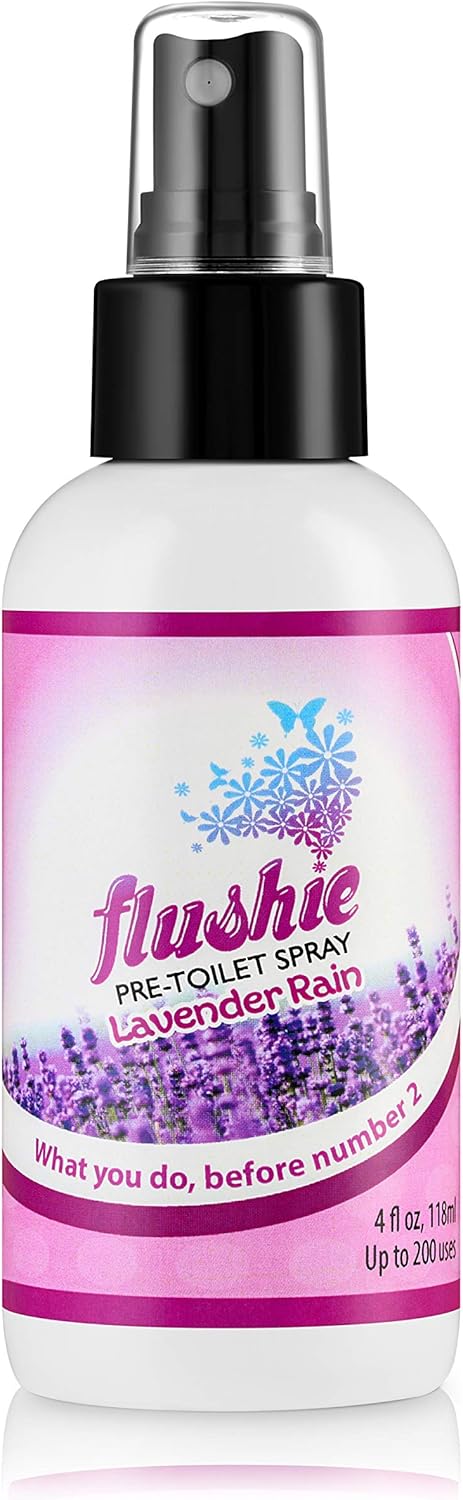 Flushie Pre-Toilet Spray for Poop Travel Size Toiletries Bathroom Spray for Poop Spray for Toilet Traveling Essentials Poop deodorizer Poop Odor eliminator (4oz Lavender Rain, 4 pack)