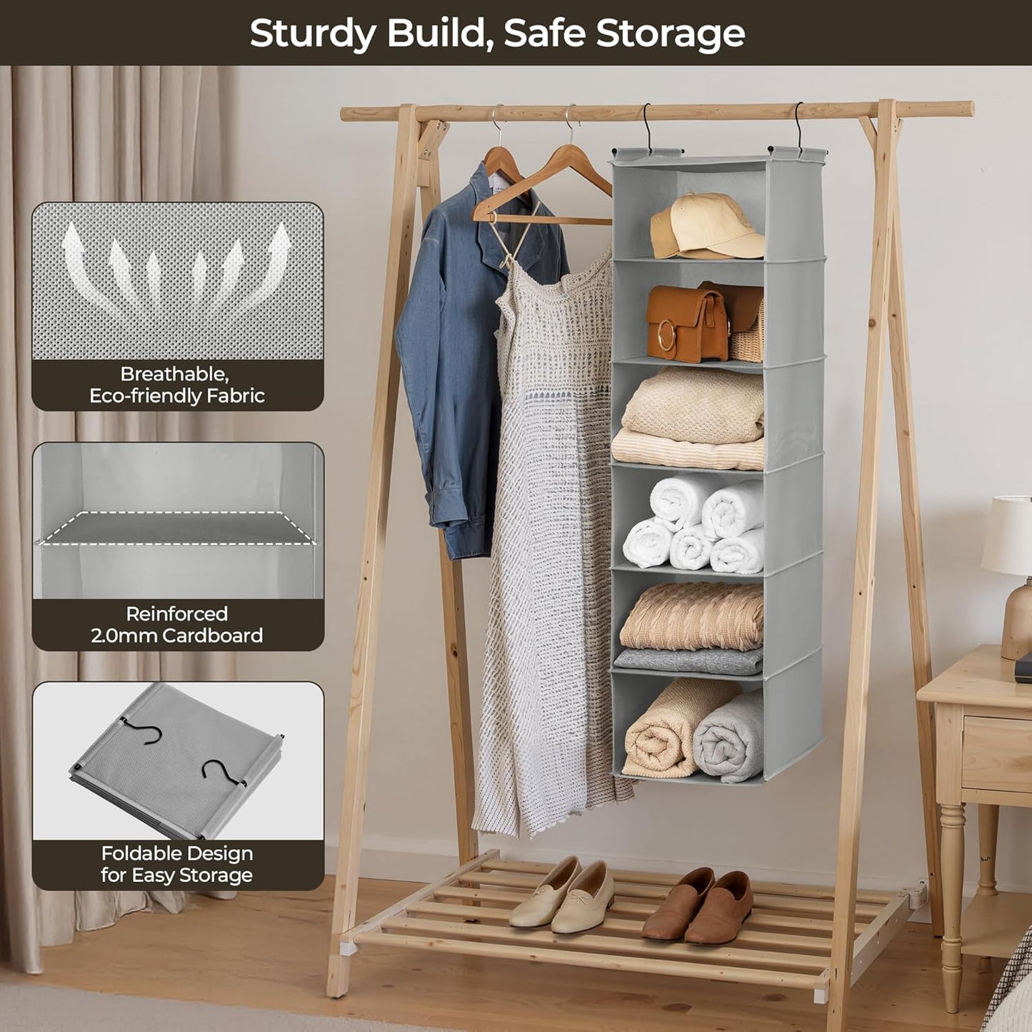 GRANNY SAYS 6 Shelf Hanging Closet Organizers and Storage, Collapsible Closet Hanging Organizer with 2 Sturdy Hooks, Large Hanging Shelves for Kids Baby Clothing Organizer, Ash Gray