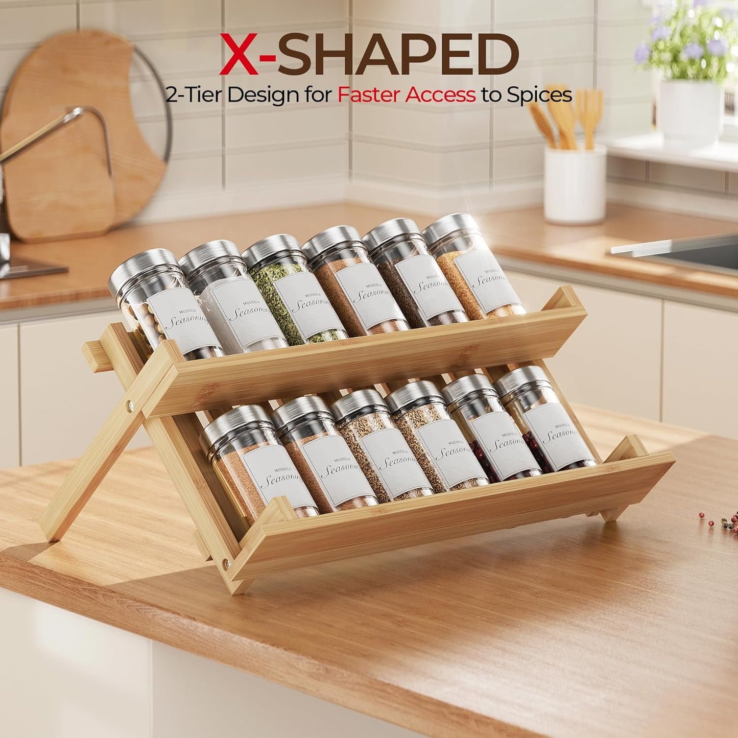 MUDEELA Bamboo Spice Rack Organizer for Cabinet, X-Shaped Foldable Spice Organization, 2 Tier Seasoning Organizer for Kitchen Counter