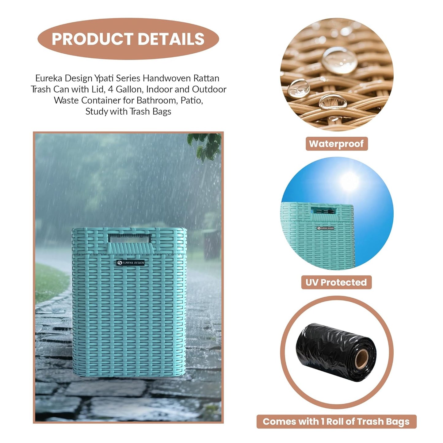 Ypati Handwoven 4 Gallon Rattan Trash Can with Lid, Boho Style Decorative Indoor and Outdoor Trash Bin with Shelf, Waste Basket for Bathroom, Kitchen, Patio, with Trash Bags, Turquoise Blue, Eureka