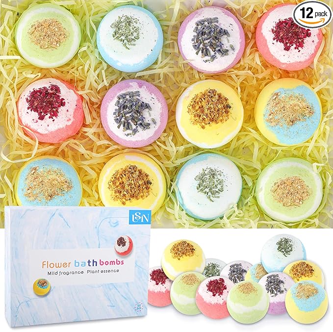 Bath Bombs for Women, USIN Natural Bubble Bath Balls Gift Set, Pack of 12 Pcs Multiple Bath Bomb, SPA Relaxing, Self Care, Gifts for Women, Men, Girls, Boys, Natural Flower Petals, 3.53 Oz Large Size
